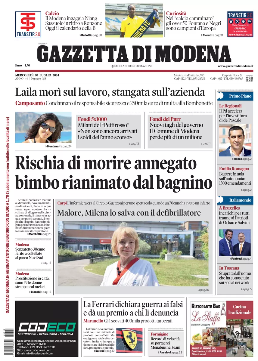 Prima-pagina-gazzetta di modena-oggi-edizione-del-2024-07-10